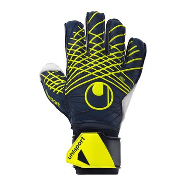 Воротарські рукавички uhlsport Prediction Soft Flex Frame - дитячі та дорослі, з захистом пальців, синьо-білі з жовтим