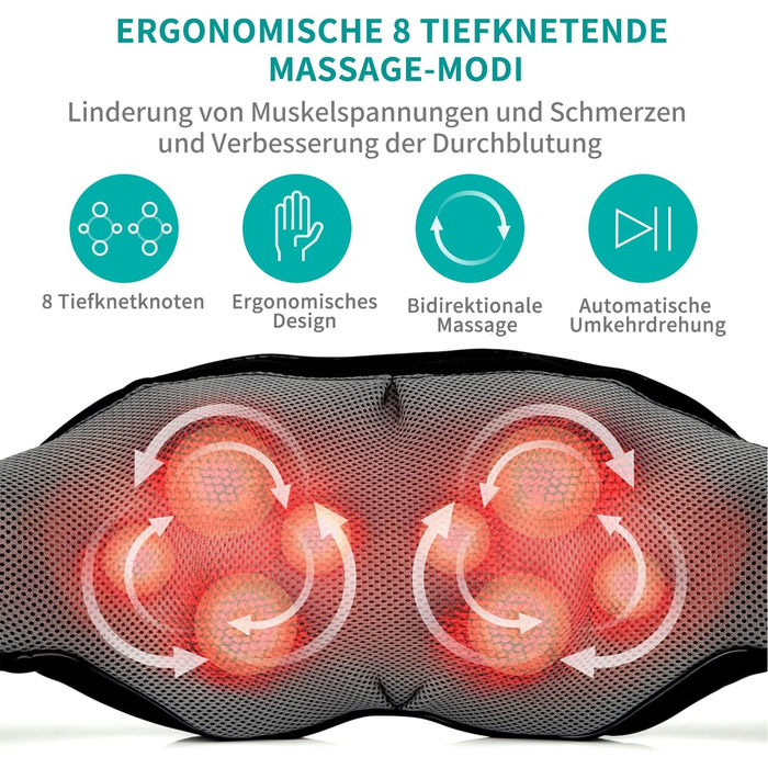 Масажер для шиї та спини Nekteck Shiatsu з підігрівом, електричний 3D масажне подушка для глибокого розминання м'язів плечей, ніг і спини, для зняття болю, для дому, офісу та авто, чорний