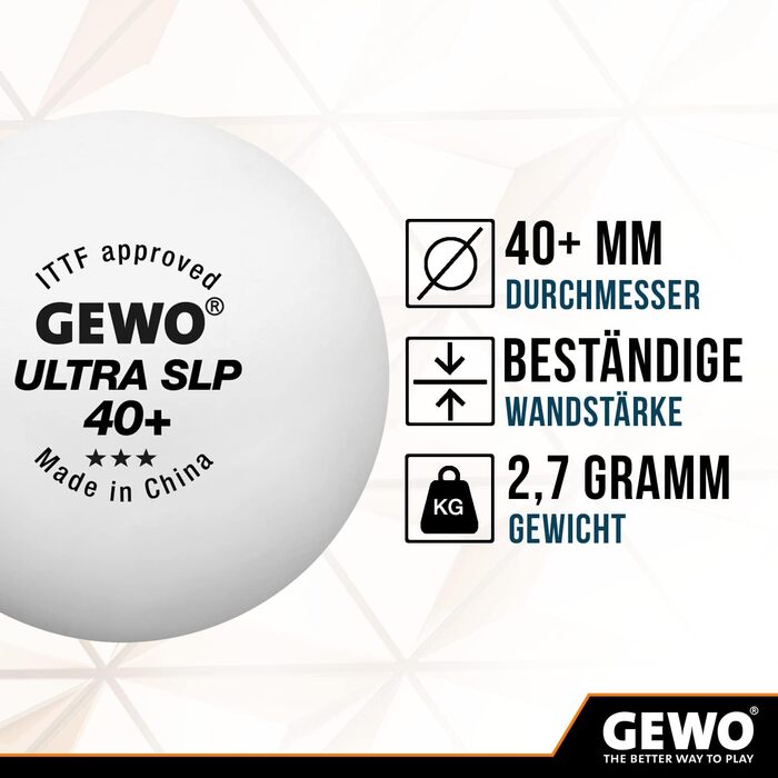 GEWO Ultra SLP 3-зіркові тенісні м’ячі для настільного тенісу, пластикові 40+ мм, безшовні, ITTF сертифікат, професійні, білі, 72 шт.