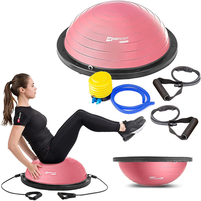 Hop-Sport Баланс-тренер з еластичними стрічками, баланс-борд з експандерами, неслизька поверхня, двостороннє використання, з насосом, максимальне навантаження 200 кг, рожевий