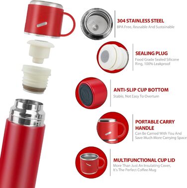 Термос IAGORYUE з нержавіючої сталі, 0.55л, з ізоляцією та виливним кришкою, подвійні стінки, зберігає тепло/холод до 12 годин, для спорту, офісу, відпочинку на природі (червоний)