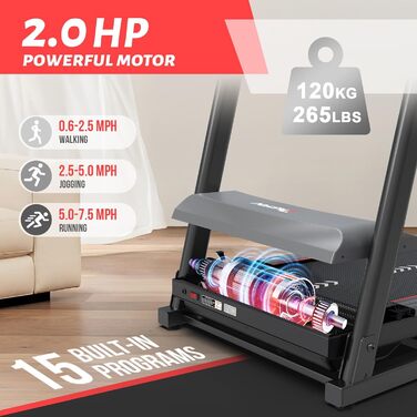 PASYOU Складне бігове полотно для дому, 2.0PS, 1-12 км/год, нахил, LED-дисплей, 15 програм, до 120 кг, сірий