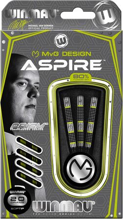 Дротики WINMAU Michael Van Gerwen Aspire 20 г, професійні, вольфрамові, для софттипу, з оперенням та стержнями