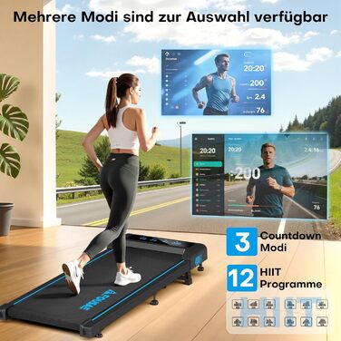 Walking Pad Laufband для дому 4-в-1: біговий стіл з підйомністю 9%, безщітковий двигун 2.5HP, LED-дисплей, пульт дистанційного керування, 12 HIIT-програм, до 150 кг, без встановлення, чорно-синій, з режимом повноекранного відображення