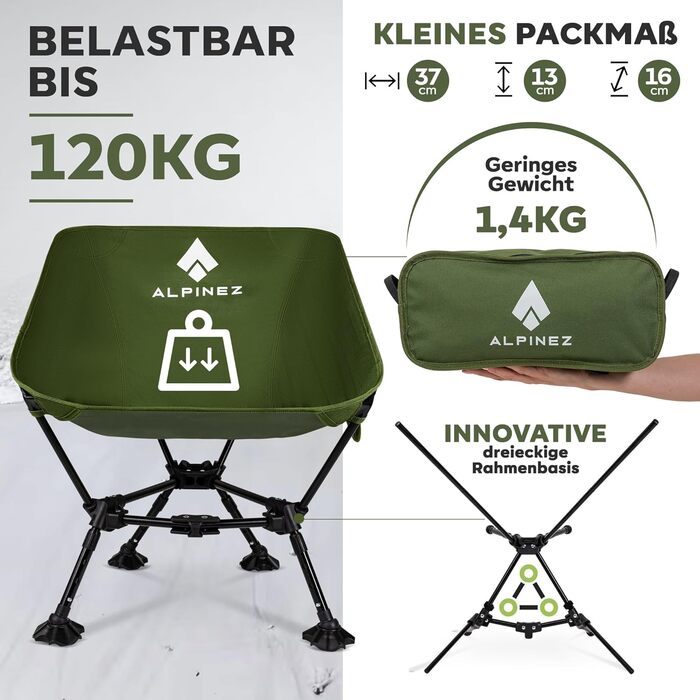 Зручний складаний стул для кемпінгу Alpinez: легкий, регульований по висоті, з компактним розміром | Стільці для риболовлі, пляжу, відпочинку на природі. Зелений колір