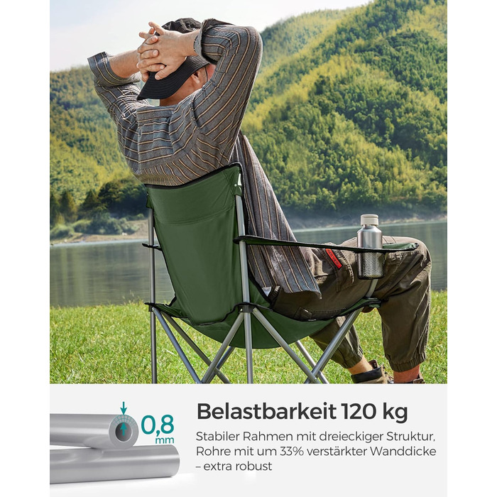 SONGMICS Крісла для кемпінгу, складні, для відпочинку на природі, зручні, з підлокітниками та тримачем для напоїв, стабільний каркас, вантажопідйомність 120 кг, 2 шт (Оливковий)