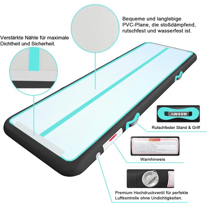 AWSUM Надувний гімнастичний мат, 2/3/4/5/6м, 10/20см, для йоги, фітнесу, дому, на вулицю, з насосом, Mint Green/Black