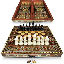 Дерев'яна настільна гра 3 в 1 Backgammon, шахи, дама 30x30 см, ручна робота, інтарсія, комплект із фігурами та фішками