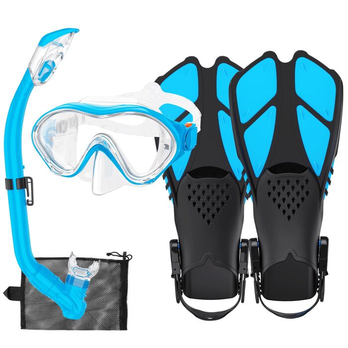 Набір для снорклінгу для дітей з ластами, маска з панорамним оглядом 180°, регульовані ласти, високоякісна маска та сухий снорк. для плавання (небесно-блакитний)