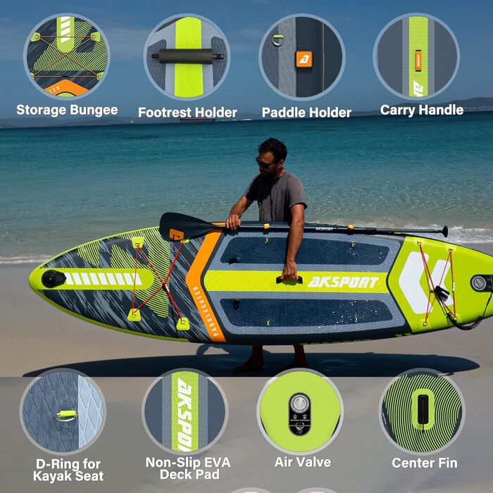 SUP дошка AKSPORT 11' надувна з комплектом аксесуарів, 34 дюйми, антиковзке покриття, для дорослих та підлітків (чорно-зелена)