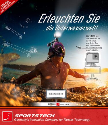 Спортивна CO2-безпечна повнолицева маска для снорклінгу Sportstech SNX650 360° з LED, тримачем для камери, Quick-Clip, EasyBreath, для дітей і дорослих, рожева