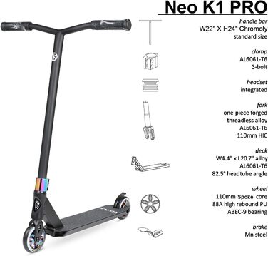 Трюковий самокат VOKUL Pro BZIT K1 для дітей, підлітків і дорослих, 110 мм алюмінієві колеса, фристайл, подарунок, різнокольоровий + нео