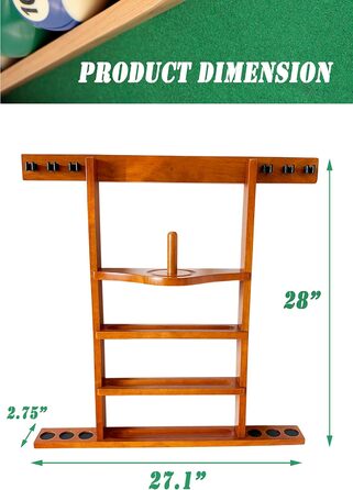 Підставка для бильярдної кулі та кия на стіну, 6 відділень, з масиву дуба, для аксесуарів до більярдного столу