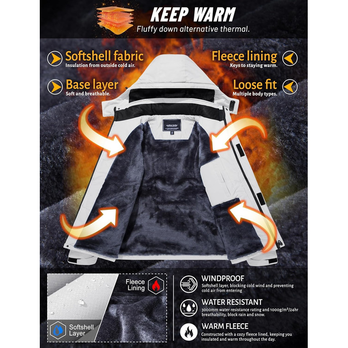 TACVASEN чоловіча зимова водонепроникна вітрозахисна куртка з флісовою підкладкою, для катання на лижах, дощовик з капюшоном, армійного кольору (XXL, білий)