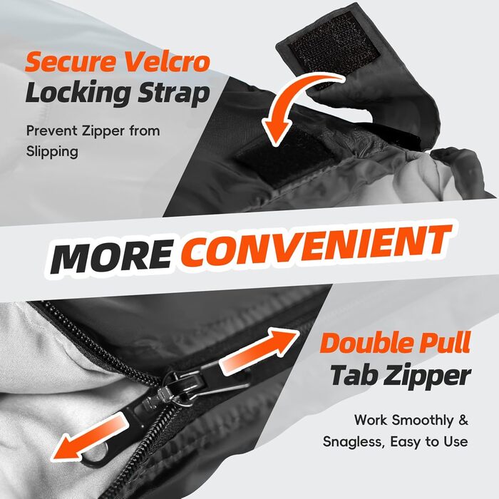 Сплячі мішки MEREZA XL для чоловіків та жінок. Великі, широкі, теплі, для кемпінгу. З компресійним мішком. Чорний / Сірий