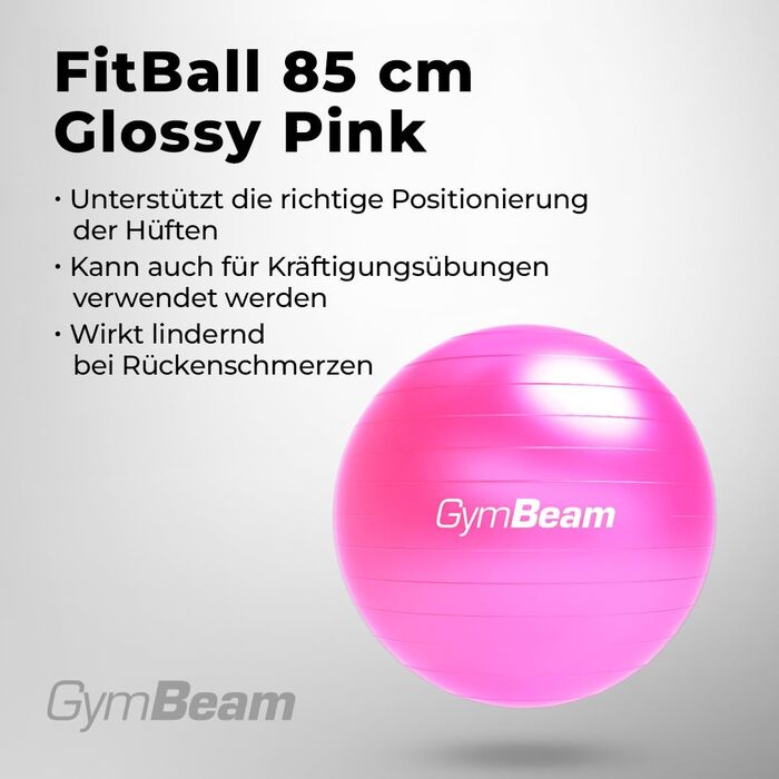 Гімнастичний м'яч GymBeam 85 см з насосом, рожевий — для стабільності, контролю тіла, профілактики та лікування болю у спині, зміцнення м'язів