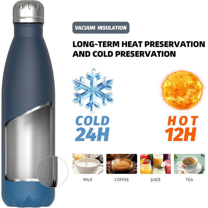 Фляга для напоїв WATERSY з нержавіючої сталі, 500 мл, ізольована, спортивна, дитяча, чорна, з двошаровою конструкцією, без BPA, з квітковим дизайном (2 шт. блакитно-зелені)