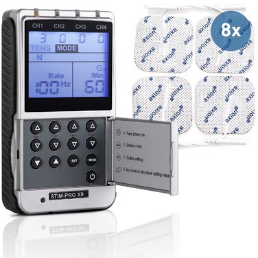 TENS EMS комбінований пристрій STIM-PRO X9+ з 8 електродних подушок 5x5 см для болісної терапії, масажу та м'язового стимулювання. Сертифікований медичний прилад axion®