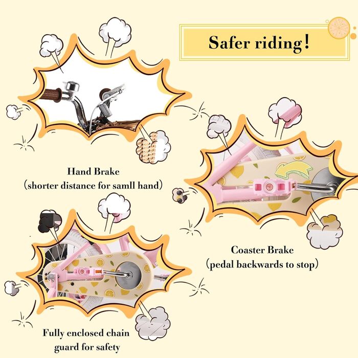 Дитячий велосипед RULLY Fruit для дівчаток 12/14/16 дюймів, 2-7 років, з додатковими колесами, кошиком та сидінням для ляльки