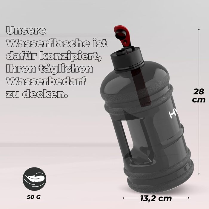 Фляга для води Hydrate XL 2,2 л - чорна, для спортзалу, спорту та подорожей, без BPA, міцна, 2200 мл