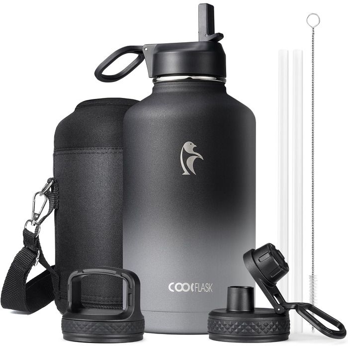 Термос-бутилка Coolflask 2 л з трубочкою і 3 кришками, ізольована спортивна пляшка з нержавіючої сталі, подвійний захист від протікання, чорна і сіра для спорту чи офісу