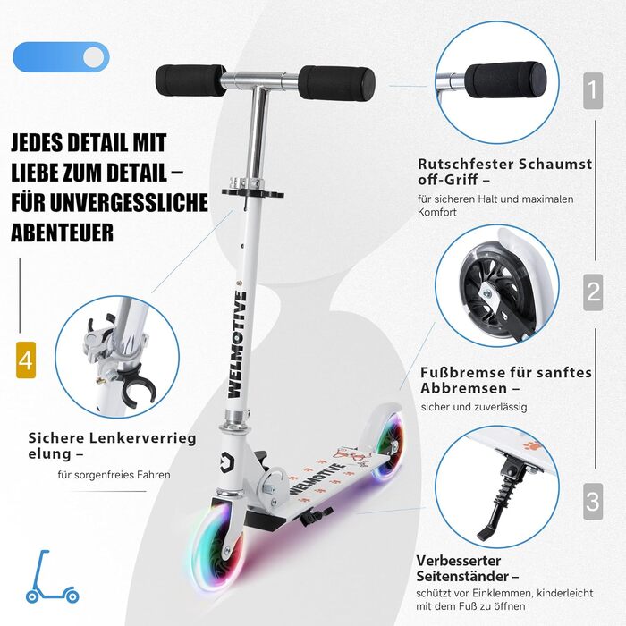 Самокат дитячий Roller 2-колісний, складаний, з LED-підсвічуванням коліс, регульована висота (3 положення), білий, для хлопчиків та дівчаток 3-12 років