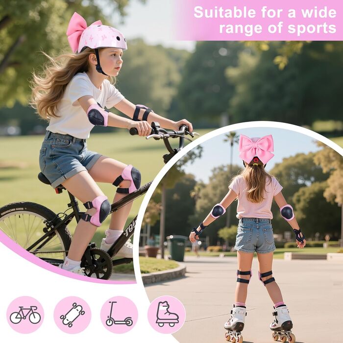 Дитячий шлем для велосипеда та роликів з захисним комплектом для дівчаток 8-14 років, рожевий, розмір M (52-58 см)