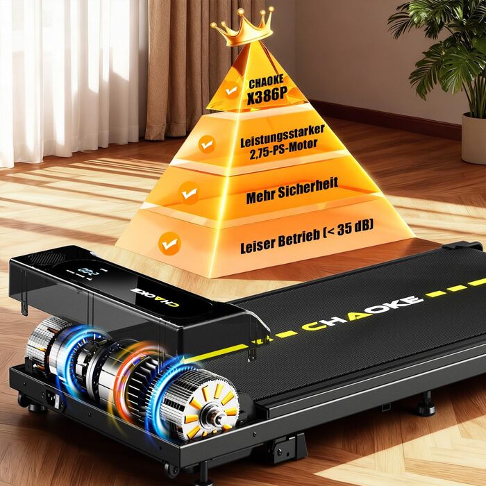 Walking Pad CHAOKE: біговий доріжка для дому з регулюванням швидкості 1-10 км/год, нахилом 9%, потужністю 2.75HP, вбудованими колонками та керуванням через додаток, до 160 кг, чорно-жовта, без встановлення, 2026