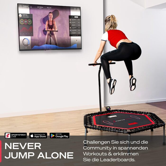 Батут Sportstech HTX100 для фітнесу, жовтий: для дітей та дорослих, до 120 кг, з тримачем для планшета, лічильником та додатком