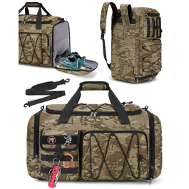 Спортивна сумка RAINSMORE 45L 3-в-1 для фітнесу та подорожей з відділенням для взуття та вологих речей, водонепроникна дорожня сумка (Хакі Камуфляж)
