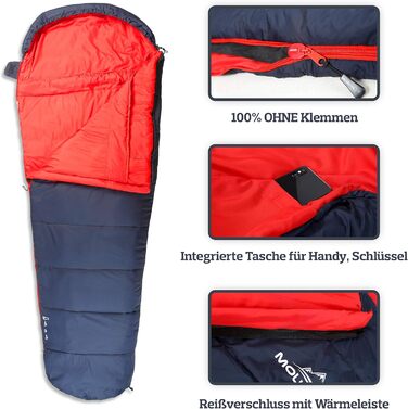 Сплячий мішок MOUNTREX® - Легкий та компактний (760г/1500г) - Outdoor літній спальний мішок (100GSM) / 3-4 сезони (300GSM) - Мумієвидний спальний мішок для кемпінгу, подорожей, фестивалів – Теплий та з'єднуваний (Темно-синій/Червоний, 3 сезони - 1500г (RV Праворуч))
