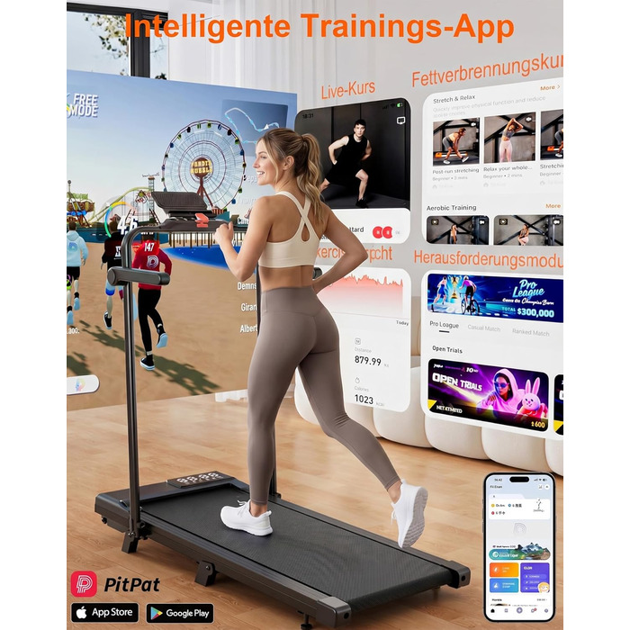 Складана бігова доріжка MJWW Raceable Walking Pad з нахилом 6-9%, 2.5/3.0 HP, керування через додаток, AI-тренування, LED-дисплей, для дому та офісу (чорний глянець, 95 см)