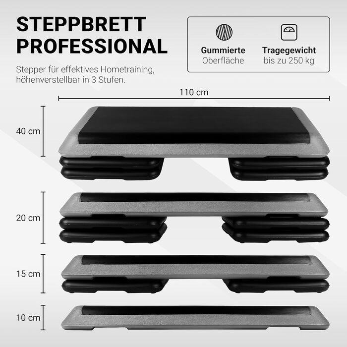 Сходинка-платформа для фітнесу Steppbrett Professional з постером для вправ + додаток Work Out (безкоштовно) | 3-рівнева регулювання висоти, студійний степер