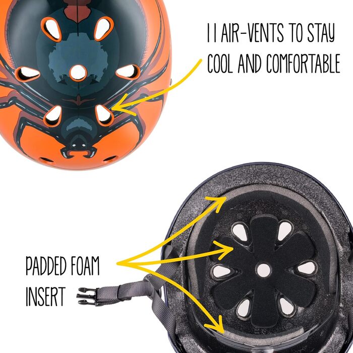 Дитячий велосипедний шолом Hornit Chiller Spider з LED підсвіткою, регульований, для хлопчиків і дівчаток, BMX, самоката, скейтборда, розмір S (48-53 см)