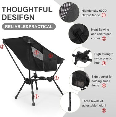 Складний туристичний стілець TOPCHANCES для кемпінгу та відпочинку на природі, чорний. Максимальне навантаження: 150 кг, з бічною кишенею та дихаючою сіткою.
