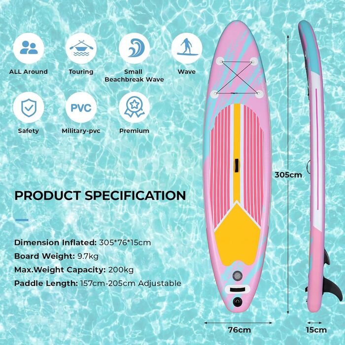 SUP дошка для веслування 305x76x15 см, Stand Up Paddle Set, Преміум Комплектація, для дорослих та підлітків, до 200 кг