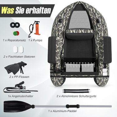 Надувне рибальське човен GYMAX: компактне belly boat з насосом, веслами та регульованими ременями. Міцне, до 150 кг, з лінійкою для риби, камуфляж.