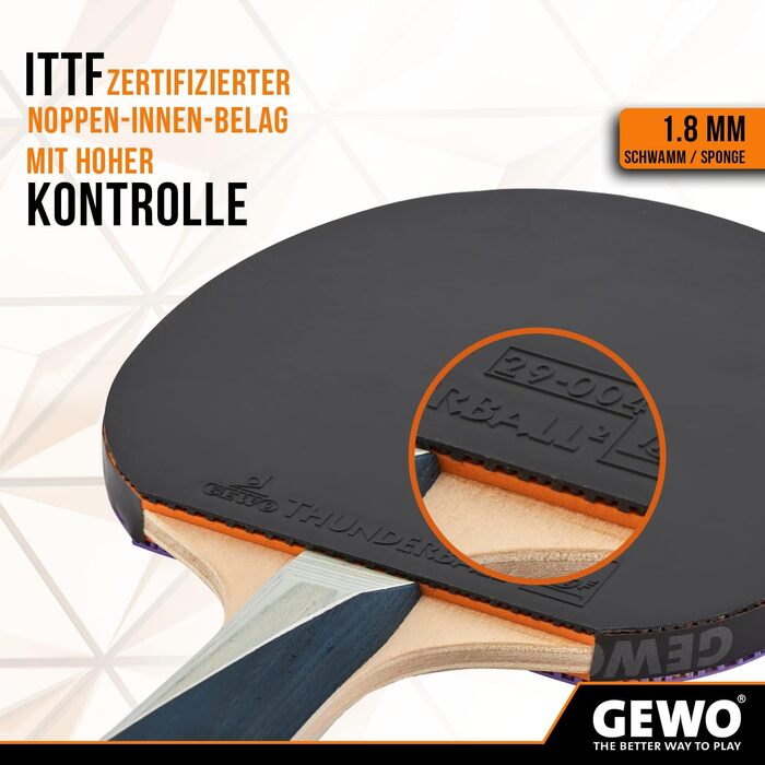 GEWO PS Blast Control – професійна ракетка для настільного тенісу, ITTF, з накладкою Thunderball 2, контроль, висока обертальність, 1,8 мм, ручка конкавна