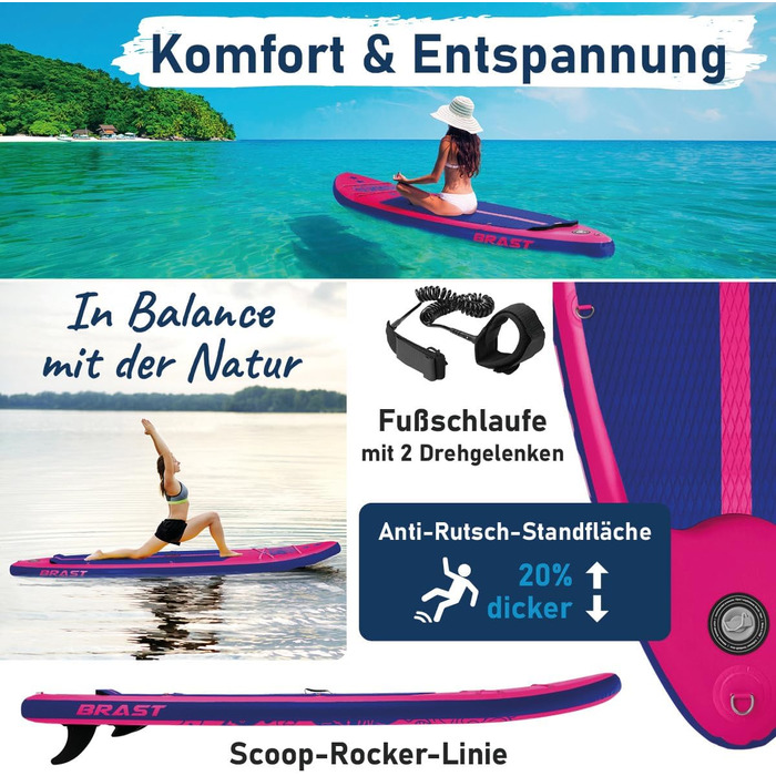 SUP дошка BRAST Summer надувна, 320x81x15 см, рожева: комплект з аксесуарами (рюкзак, весло 2-в-1, сидіння для каяка, тримач для екшн-камери, ліш)
