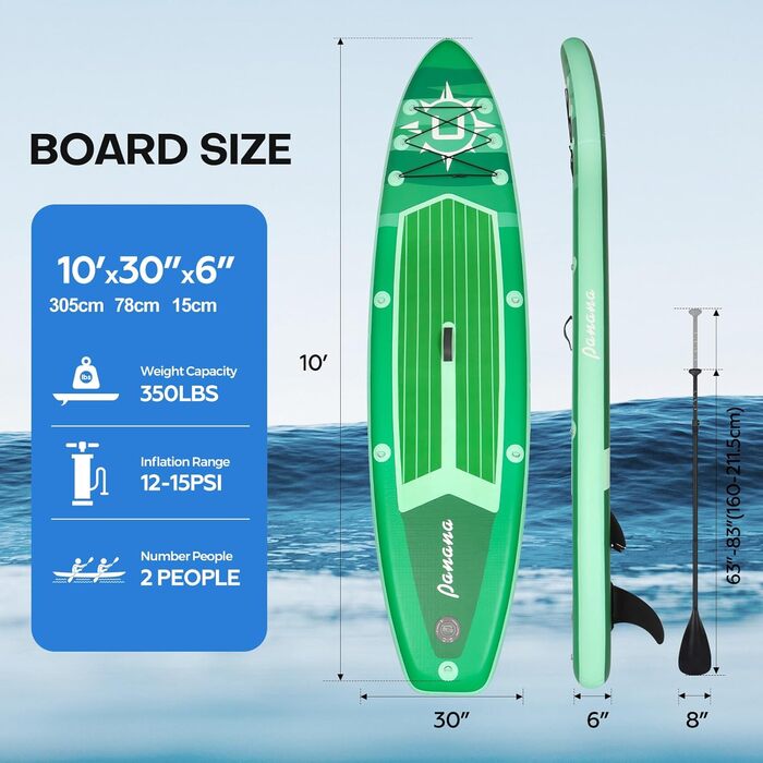 Надувне SUP-борд Panana з аксесуарами: комплект для веслування стоячи, регульоване весло, протиковзне покриття, 305x76x15 см, зелений