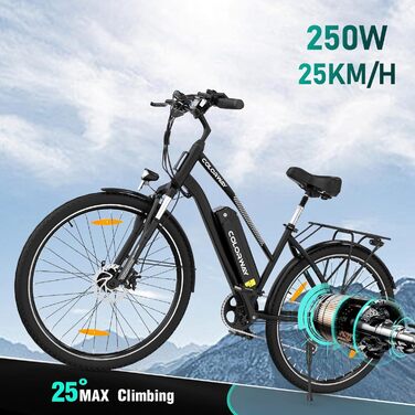 Електровелосипед COLORWAY BK27 28 дюймів, міський eBike з мотором 250W, акумулятор 36V 15Ah, два режими їзди, педальна підтримка, для дорослих, запас ходу 45-100 км, чорний