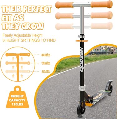 MEE GOO Роликовий самокат для дітей з алюмінію, складний, 3 регульовані висоти, LED колеса, чорний