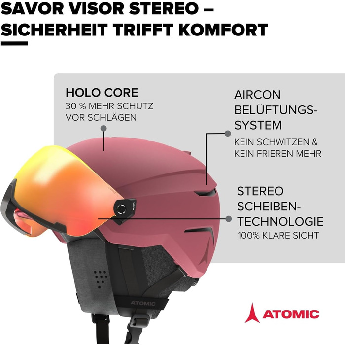 Гірськолижний шолом Atomic Savor GT для дорослих, унісекс, 360° система підгонки, підвищений захист від ударів, вентиляція Dual Zone, розмір 55-59, бордовий