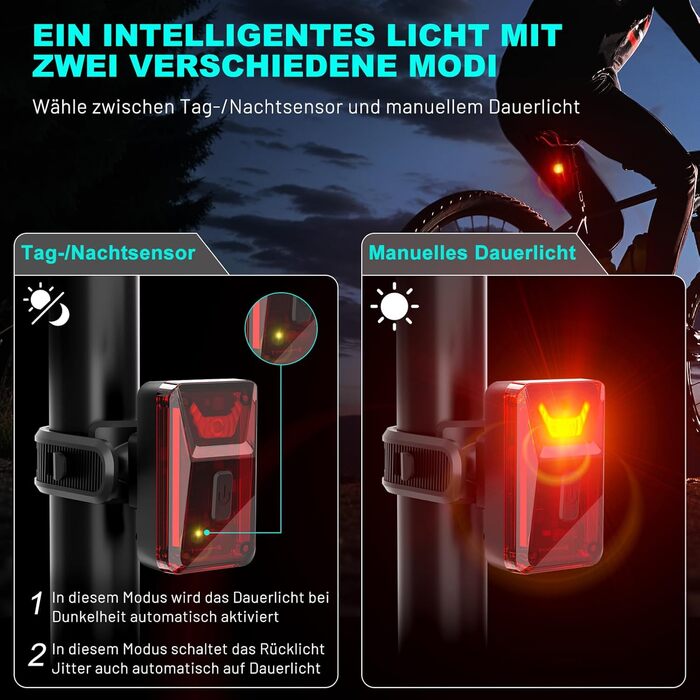 Велофара TECHCYC з датчиком освітлення, LED, до 70 Люкс, StVZO, USB, IPX6, 2500 mAh (передня) & 300 mAh (задня)