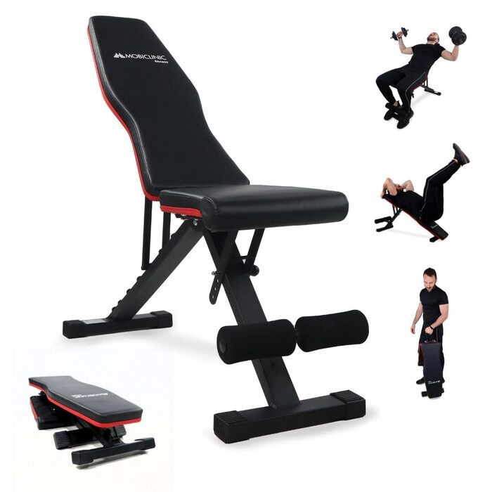 Багатофункціональна складана лава для гантелей Mobiclinic Flexfit, регульована спинка та сидіння, витримує до 120 кг, для тренувань вдома