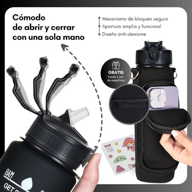 Спортивна пляшка Marludex 1 л з чохлом і трубочкою, BPA Free, мотиваційна пляшка для води