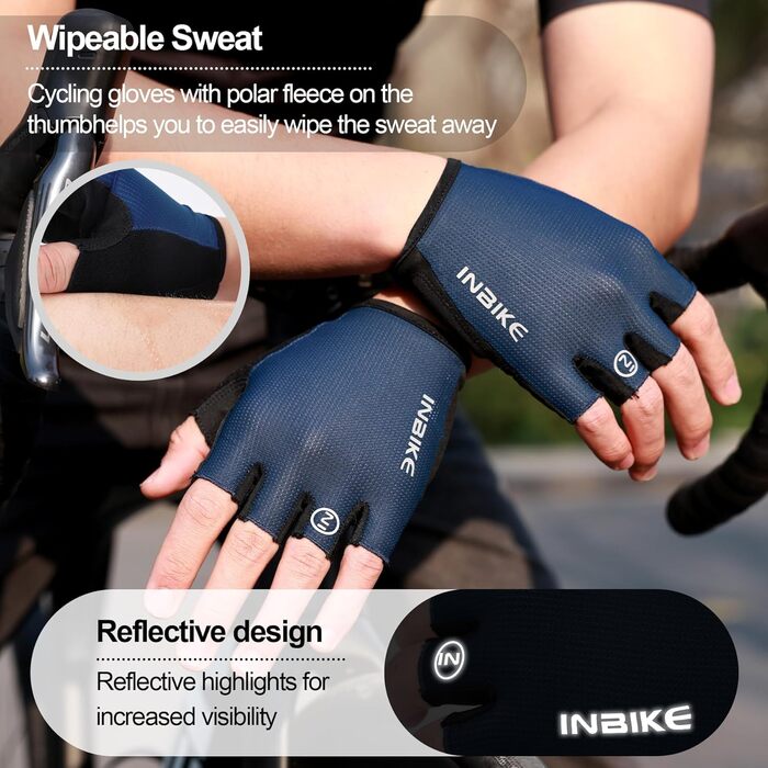 Рукавички велоінші INBIKE для MTB, короткі, напівпальцеві, літні, чорні та морські (PLAM=18.5-19.5cm)