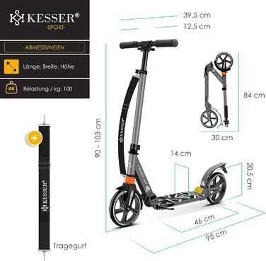 Самокат KESSER Cityroller Pro-S з великими колесами 205 мм, PU, з подвійною амортизацією, складаний та регульований по висоті, для дорослих і дітей