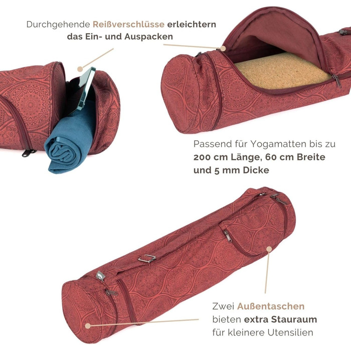 Сумка для йоги Bodhi ASANA, бавовняна, Maharaja Collection, 70 см, темно-червона, з зовнішніми кишенями, для килимка та аксесуарів