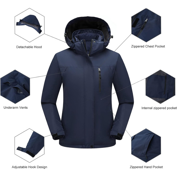 Жіноча куртка 3-в-1 Mountain: вітро- та водовідштовхуюча зимова куртка, теплий зимовий пуховик для туризму та сноуборду з капюшоном, колір морської хвилі (L)